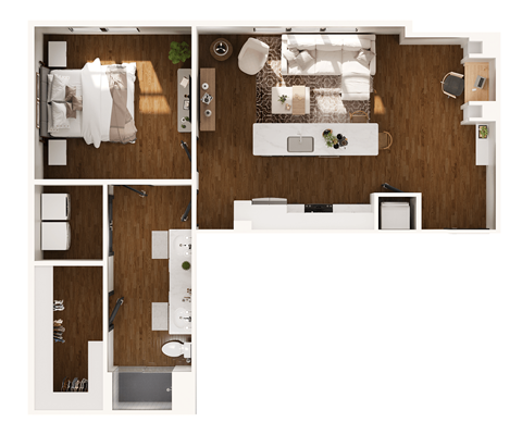 Floor plan for 1 bed, 1 bath, 911 sqft